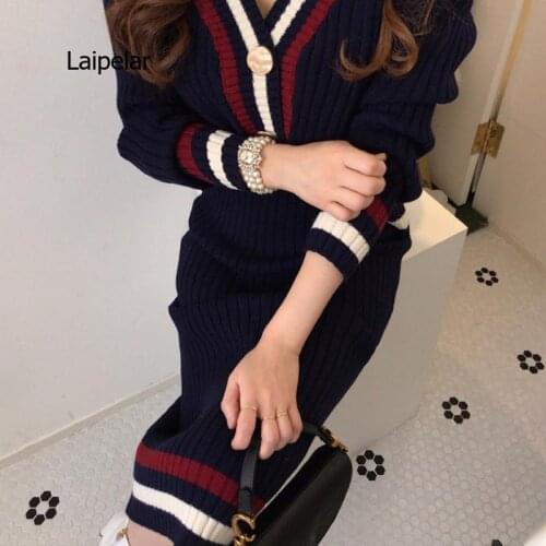 Two Piece Set Women Korean Autumn and Winter V-neck Bordered Contrast Color Knitted Sweater + High Waist Bodycon Skirt