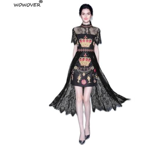 Womens Runway Fashion Short Sleeve Crown Printed Transparent Lace Dress for Summer Sexy Slit Midi Holiday Party Vestidos Female