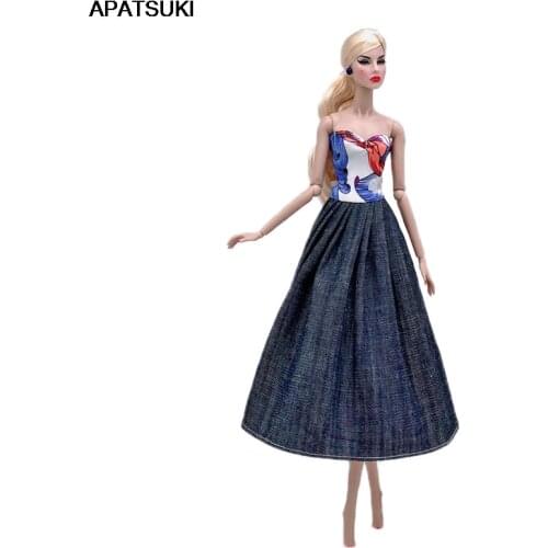 Blue Floral Denim Jeans Office Midi Dress for Barbie Doll Outfits Evening Party Club Gown Clothes for Barbie Doll Accessories