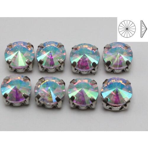 50 Silver Colour Clear AB Crystal Round Rivoli Rhinestones Glass Rose Montees 8mm Sew