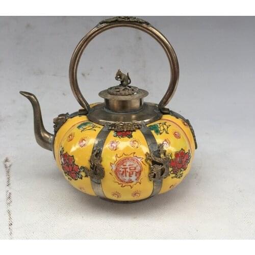 Antique QingDynasty Handmade silver & porcelain pot,Exquisite carving,Hand-painted crafts,best collection& adornment