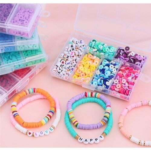1160pcs/box 6mm Flat Round Polymer Clay Beads Plastic Alphabet Letter Heart Star Beads Set Elastic String Jewelry Making Kit