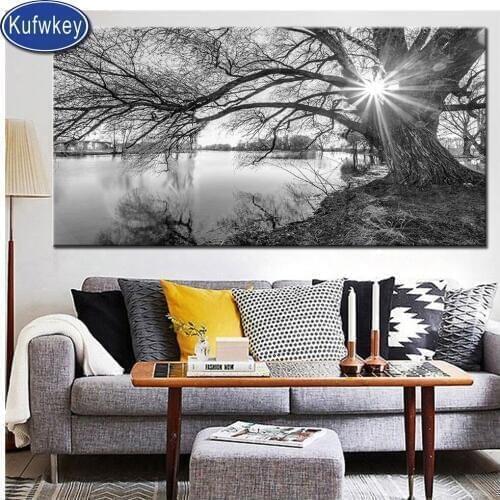 Black and white lakeside tree scenery DIY diamond embroidery needlework diy 5d diamond painting cross stitch mosaic diamond
