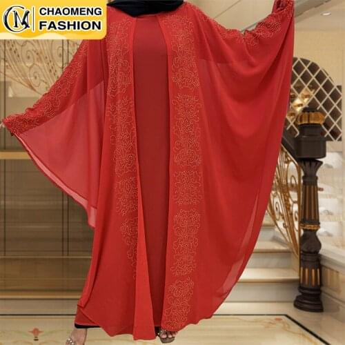 Elegant Muslim Chiffon Dresses Cloak High Quality Black African Clothing Fashion Two Pieces Beading Dress clothing dubai abaya