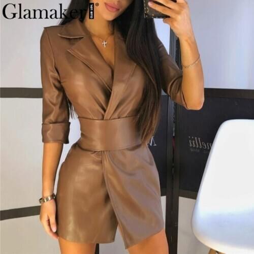 Glamaker PU leather blazer sexy mini dress Women Turn-Down Collars office lady elegant blazer with belt Winter autumn streetwear