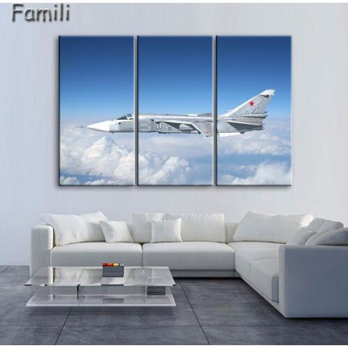 3Picture Modern Printed Fighter Aircraft Canvas Painting Combat Aircraft Wall Picture Art For Living Room Unframed