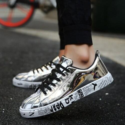 Fashion Graffiti Glitter Sneakers Men Casual Classic Shell Toe Lace up Silver Flat Shoes Women Street Hip Hop Mirror Shoes Men
