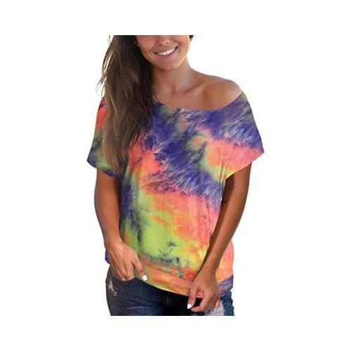 Summer Beauty Crew neck Bat Sleeve Off Shoulder Short Sleeve Printed T-Shirt Casual Loose Street Girl T-Shirt