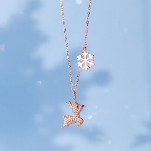 MIQIAO Neck Pendants Women Necklaces Silver 925 Jewelry Choker Chains Rose Gold Christmas Snowflake Fawn Gifts For Girl Exquisit