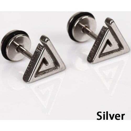 Fashion Unisex Hypoallergenic Maze Triangle Shaped Titanium Steel Ear Stud Color Black Sliver Blue Gold
