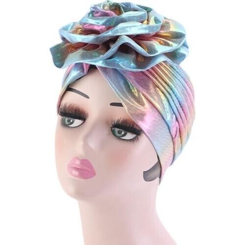 Fashion Hair Coloring Laser Turban Hearwrap Big Flower Headband Hat Wedding Party Hair Acessories Hijab Cap Muslim Bandans