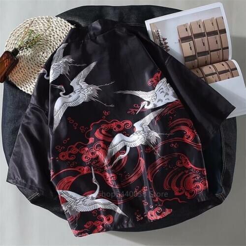 Japanese Style Traditional Clothing Men Asian Oriental Streetwear Fashion Jacket Samurai Haori Panda Crane Pattern Kimono Top