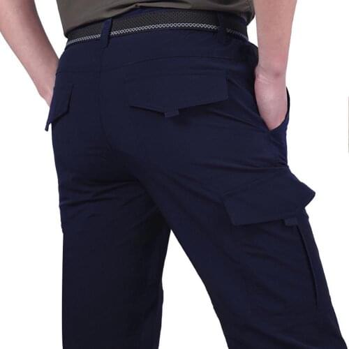 Men Casual Pants Solid Color Quick Dry Thin Multi-pocket Long Cargo Pants Outdoor Trousers 2021