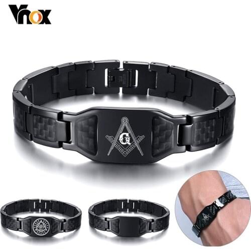 Vnox Custom Free of Mason Bracelet for Men Black Carbon Fiber Stainless Steel Mansonic Jewelry Punk Male Club Bandge Personalize