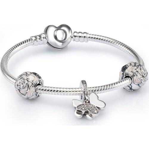 NEW 100% 925 Brand-new 1:1 Charm Elegant Charming Butterfly and Rose Bracelet Set Factory Direct Fit DIY Gift