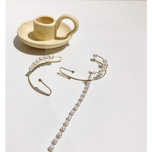 Origin Summer Elegant Single Piece Faux Pearls Clip Earrings for Women Gold Color Metal Geometric Long Tassel Earring Oorbellen