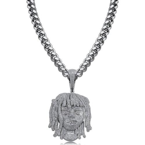 18K Gold Plated Bling CZ Simulated Diamond Iced Head Pendant Necklace Hip Hop Chain Jewelry for Men Charm Gifts