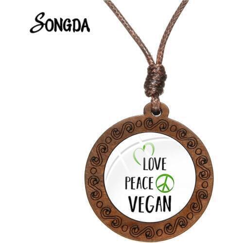 Love Peace Vegan Necklace Veganism Symbol Love Vegetables Creative Pattern Glass Cabochon Wood Pendant Statement Necklace