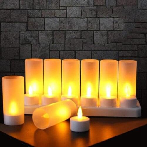 Rechargeable Flameless Candle,12 Pcs Yellow Light LED Flickering Tea Lights&12 Frosted Cups,With Charging Base,UK Plug