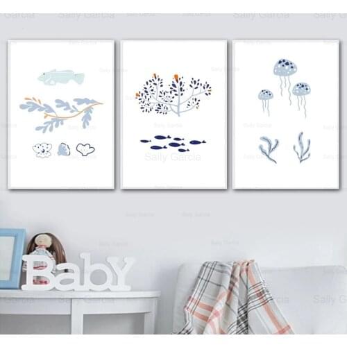 Marine Life Poster Wallpaper Coral Fish Jellyfish Sea Turtle Canvas Painting Cartoon Art for Home Print Picture Decoration Craft