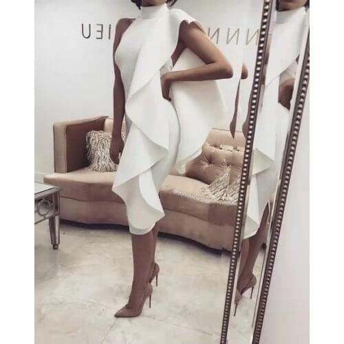 Vintage High Neck Short Bodycon Prom Dresses with Ruffle Open Back Robe De Soiree Tea Length White Formal Party Gown