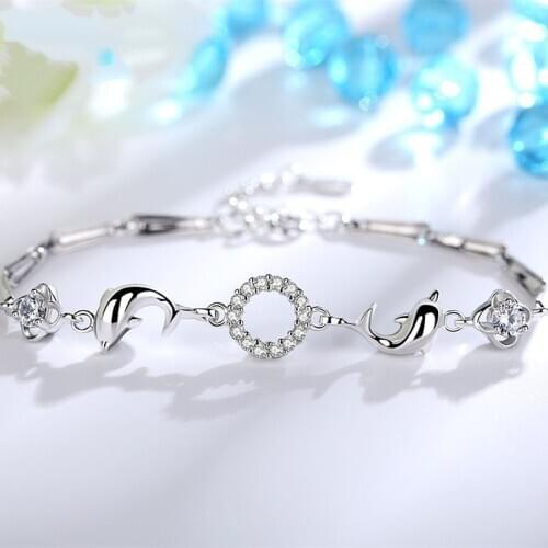 Adjustable 925 Sterling Silver Crystal Dolphin Charm Bracelet Elegant Women Fashion Christmas Party Jewelry Браслет sl241