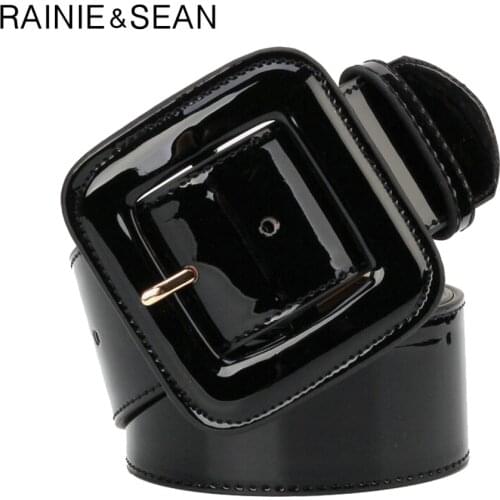 RAINIE SEAN Wide Belt Female Dress Belts Patent Leather Genuine Cowhide Black Elegant French Luxury Designer Women Waist Belt