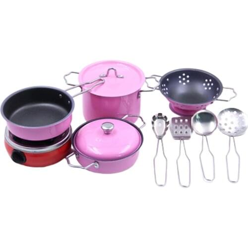 Pink 11pcs Kid Pretend Play Stainless Steel Cooking Cookware Kitchen Toy Set
