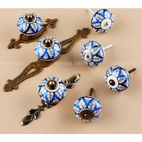 Hand-painted Color Printing Ceramic Handles Cabinet Door Handle Single Hole Blue Drawer Knobs Round Wall Cabinet Pulls