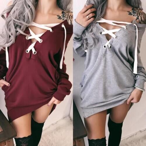 Women autumn Solid Color Long Sleeve Sexy Deep V Neck Tops Front Lacing Midi Pullover Sweatshirt Chic Concise Shirt Dress