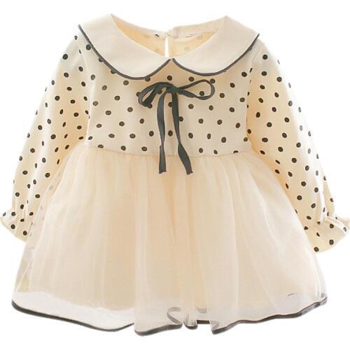 Spring New Baby Girl Dress 0-3T Dot Pattern Long-sleeved Toddler Girls Dress Sweet Lovely Mesh Stitching Bow Decoration Dress