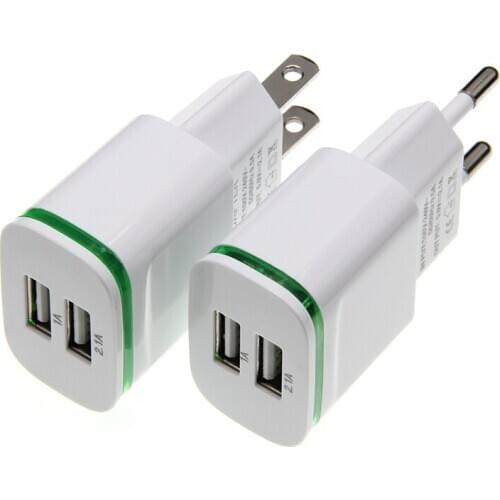 2 Port USB Phone Charger LED Light EU/US Plug Smart Charging 5V 2A Mobile Wall Charger for IPhone Samsung Travel Charging