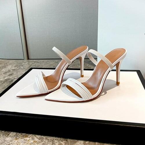2021 new summer net red one line high heel white sandals with thin heel female pointed open toe fairy wind super high heel shoes