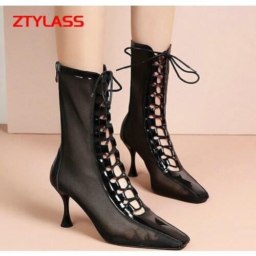 2021 New Fashion Summer Net Boots Women Lace Up Thin Heel Ankle Boots Ladies Square Toe Zipper Spring Short Boots Black Apricot