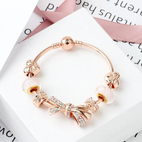 Rose Gold Bowknot Bracelets for Women Crystal Heart Beads Bracelets Diy Jewellery