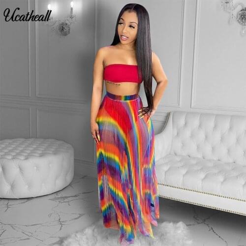Fashion Beach Midi Skirt Sets Womens Sleeveless Wrap Chest Crop Top And Striped Print Pleated Skirts Mesh 2 Piece Suit