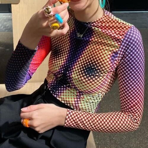 Dourbesty Gothic Style Gradient Polka Dot Printed Y2K Crop Top Women Autumn Long Sleeve T-shirt Tee Tops Harajuku Streetwear