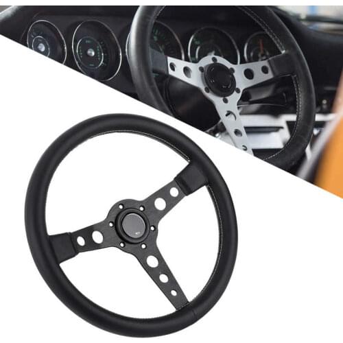 350mm/14in for MOMO Prototipo Style 6-Bolt Black Leather Racing Steering Wheel Gray Stitching with Horn Button Auto Accessory