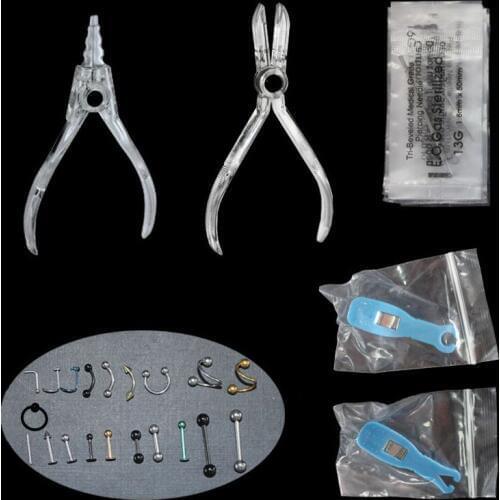 Disposable Body Piercing Kit Tools Pliers Forceps Needles Accessories Set with Eyebrow Labret Lip Nipple Nose Studs Rings