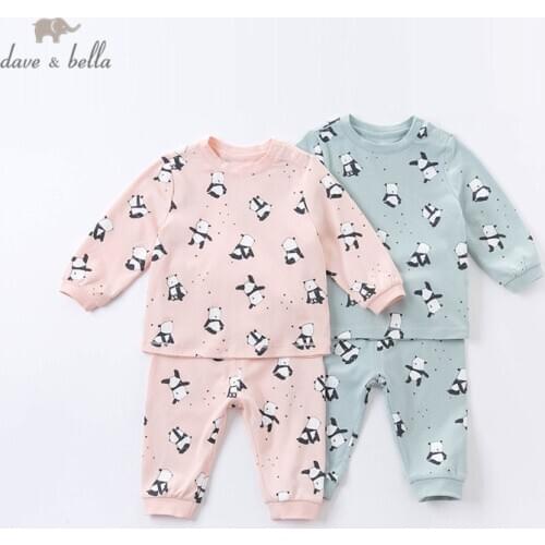 DB16140 dave bella autumn baby unisex fashion panda cartoon print pajamas newborn baby underwear casual sleepwear 2 pcs suit