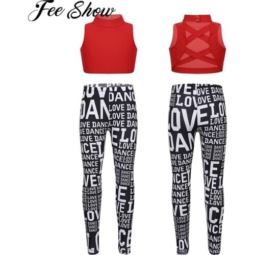 Kids Girls Sports Suit Sleeveless Criss Cross Back Tanks Bra Tops Crop Top with Pants for Ballet Dance Stage Performance Workout