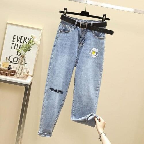 Small Daisy Embroidered Jeans Spring and Autumn new high waist jeans Womens loose straight large size thin student daddy pants