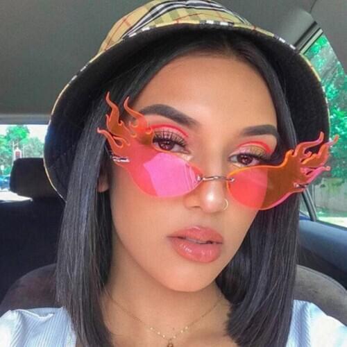 Fire Flame Sunglasses Women 2020 Men Rimless Sun Glasses Wave Metal Frame Hip Hop Eyewear Luxury Narrow StreetWear OkularyFlames