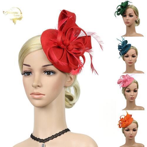 Red Wedding Party Hats Woman Headwear Decorate Bridal Hats Fascinators Feather Flower with Hairpin Black Navy Bride Headdress