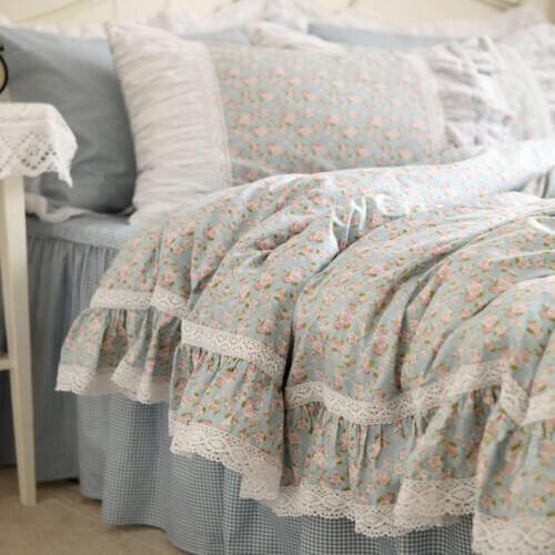 Hot rustic fresh flowers print bedding set lace ruffle duvet cover Embroidery bed sheet elegant bed skirt bedspread for bedding