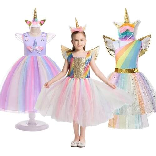 Sweet Candy Girl Clothes Summer Kids Carnival Frock Little Girl Birthday Fancy Rainbow Unicorn Dress Child vestidos Party Gown