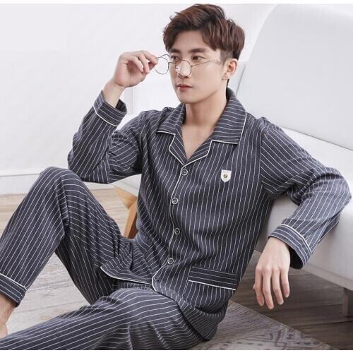 100% Cotton Mens Pajama Sets Autumn Spring Male Sleepwear Suits Clothing Shirt+pants 2pcs Long Sleeve Striped Man Clothes Y94