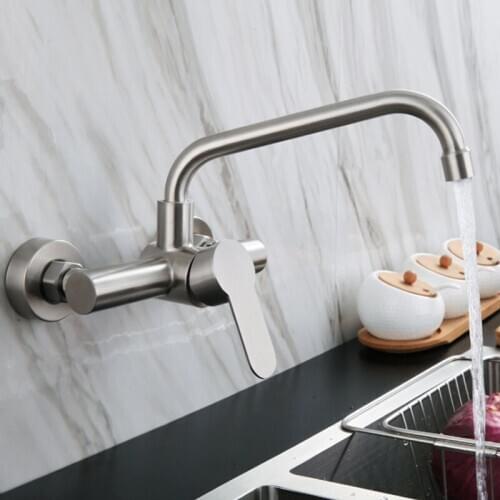 Wall Mounted Kitchen Sink Faucet 304 Stainless Steel Wire Draw Cold Hot Water Mixer Tap Basin Faucets Single Handle Double Hole