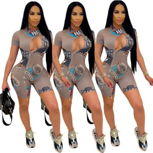 Summer New Style Womens Fashion Printed Zipper Broken Hole Motorcycle Suit Five-Point Pants Jumpsuit