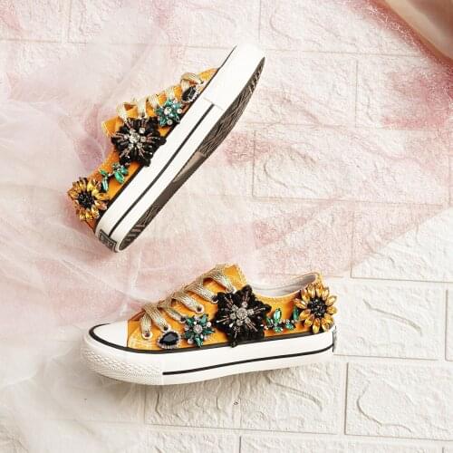 New heavy industry handmade rhinestone canvas shoes women retro Korean style single shoes sneakers womens shoes
